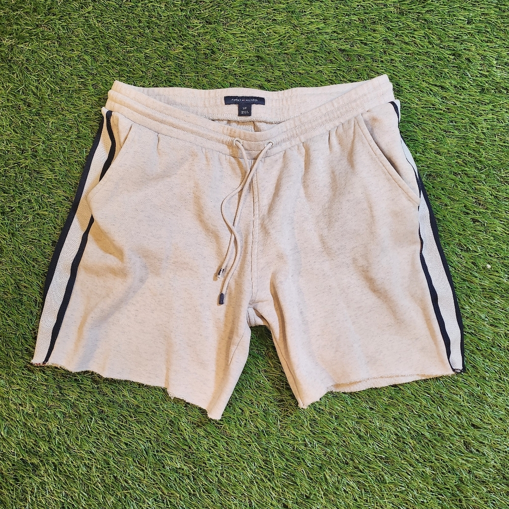 Tommy Hilfiger Cut Off Light Tan Shorts with Dark Stripes 90s Vintage